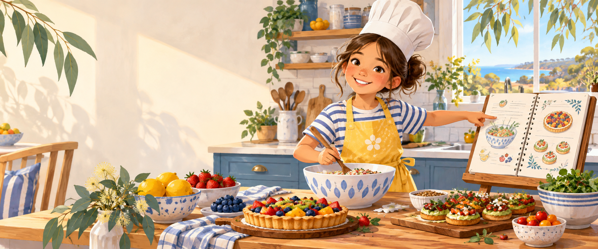 一位小厨师在阳光厨房里展示水果挞和食谱的插画